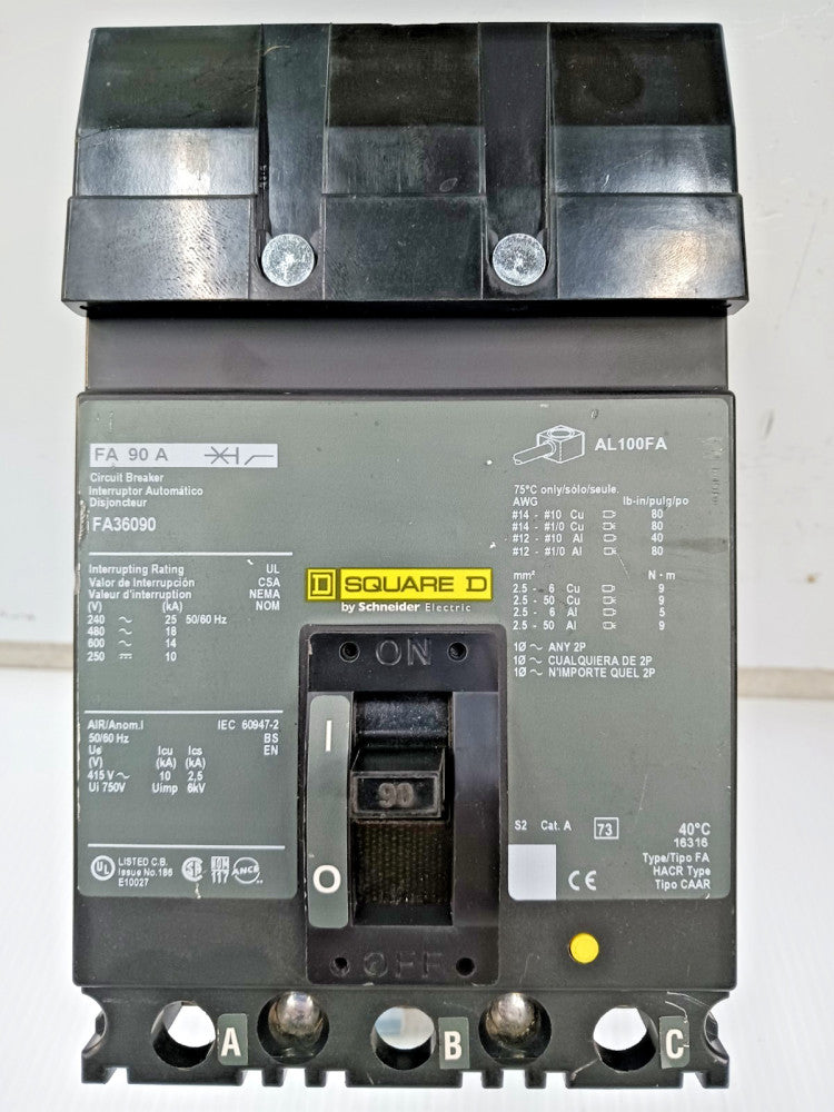Square D 90 Amp I-Line Circuit Breaker 3 Pole 600 VAC / 250 VDC 18kA FA36090