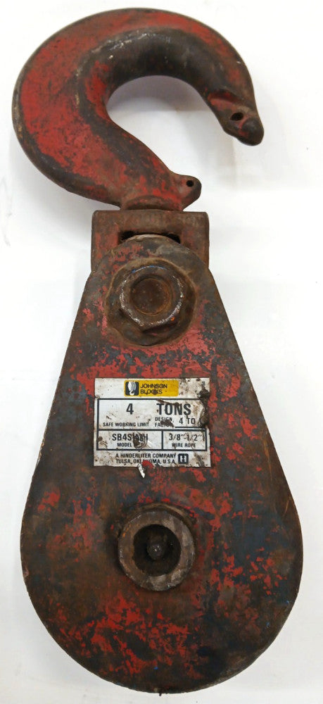 JOHNSON BLOCKS 5" SNATCH BLOCK W/ HOOK MODEL SB4S4BH 4 TONS 1/2" WIRE ROPE SIZE