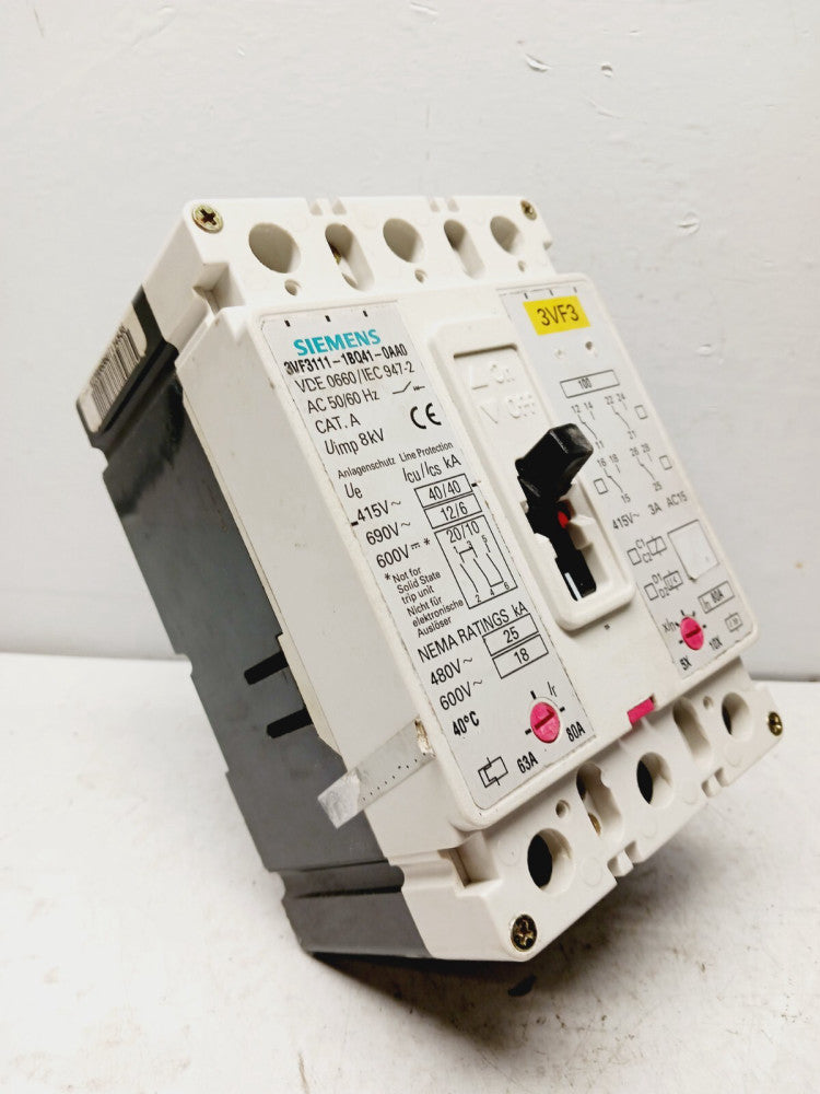 SIEMENS 3VF3111-1BQ41-0AA0 63/80 AMP CIRCUIT BREAKER 3 POLE 690 VAC 600 VDC
