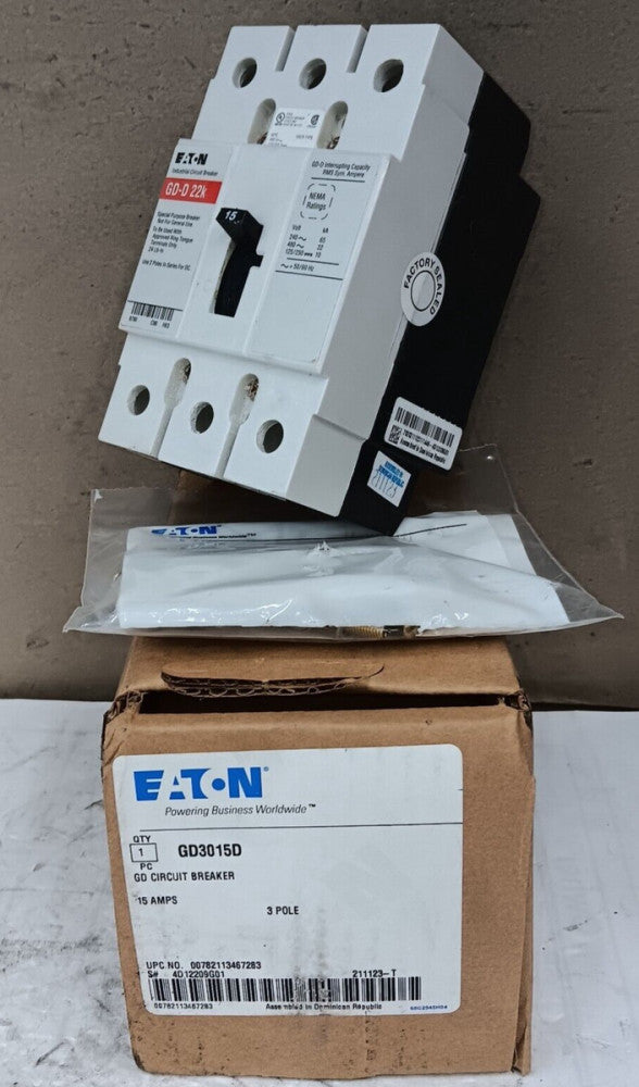 NEW EATON GD3015D 15 AMP SP CIRCUIT BREAKER 3 POLE 480 VAC 65kA @ 240V GD3015