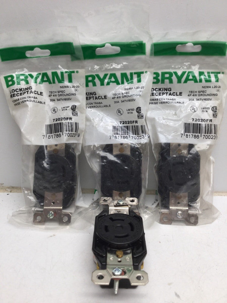 Bryant 72020FR L20-20 Locking Receptacle Outlet 20A 347/600V 3ØY (4 Pack)