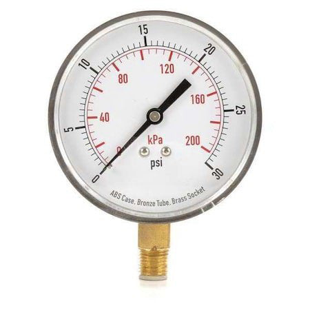 Zoro Select 4Flx6 Commercial Pressure Gauge, 0 To 30 Psi, 3 1/2 In Dial, 1/4 In