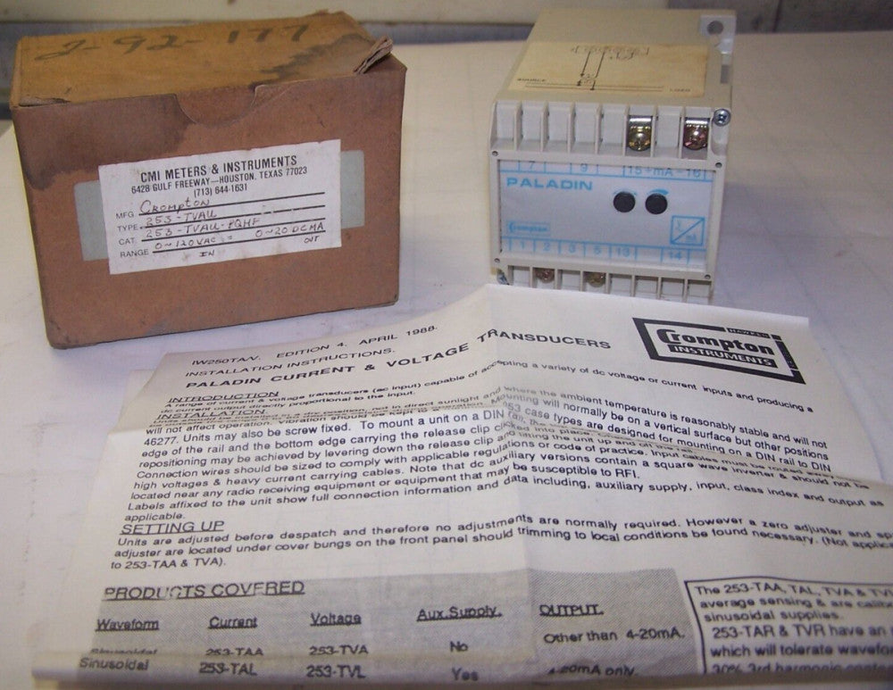 NEW CROMPTON PALADIN CURRENT & VOLTAGE 120 VAC TRANSDUCER 253-TVAUPQHF