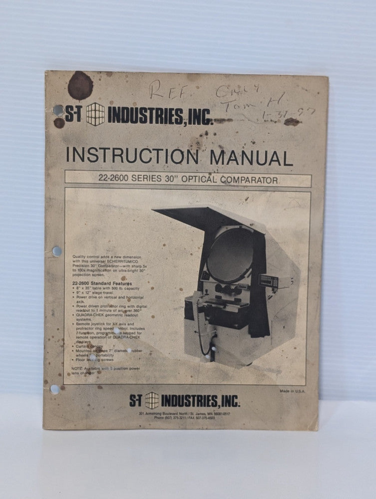 ST Industries 22-2600 Series 30" Optical Comparator Machine Instruction Manual