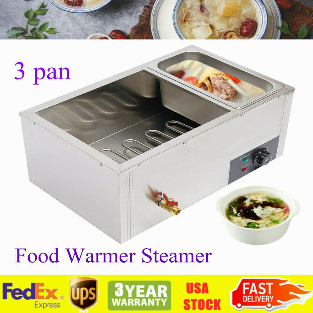 110V 3-Pan Catering Food Warmer Steam Buffet Restaurant Countertop Machine 850W