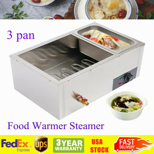 110V 3-Pan Catering Food Warmer Steam Buffet Restaurant Countertop Machine 850W