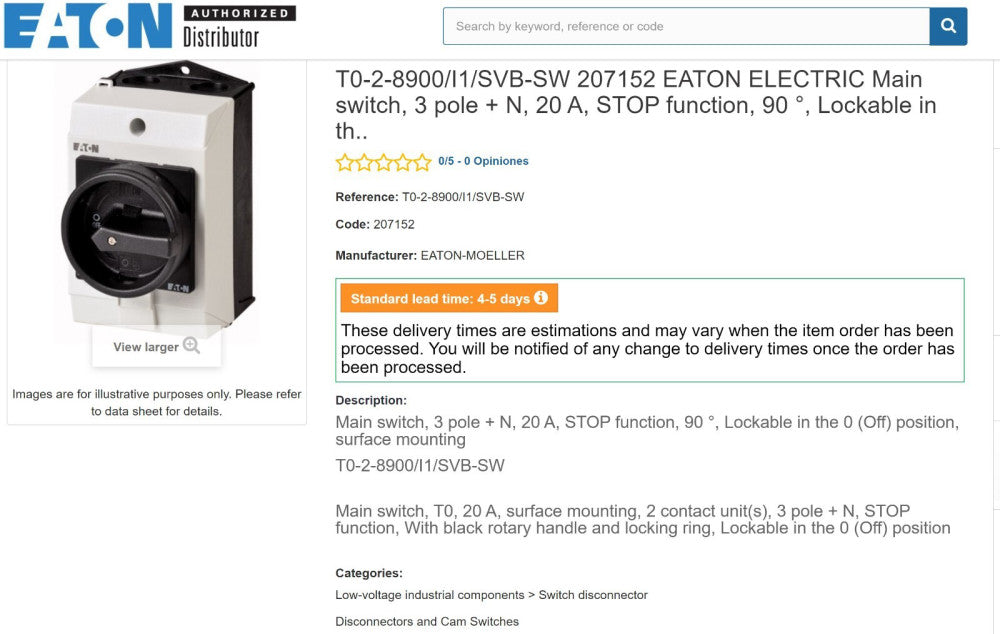 Eaton / Moeller T0-2-8900/I1/SVB-SW Switch Disconnector, Lock Out 20A New [B8BB