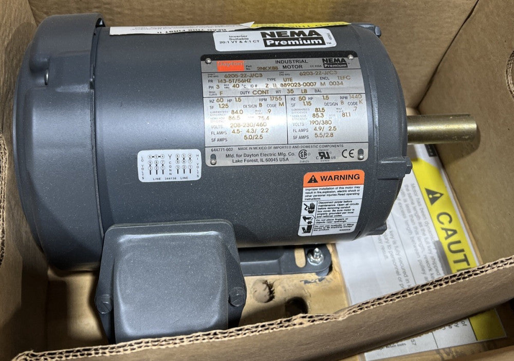 2NKX8 Dayton, Totally TEFC, Rigid Base, 1 1/2 HP, 3PH. 1750 RPM Nos Surplus