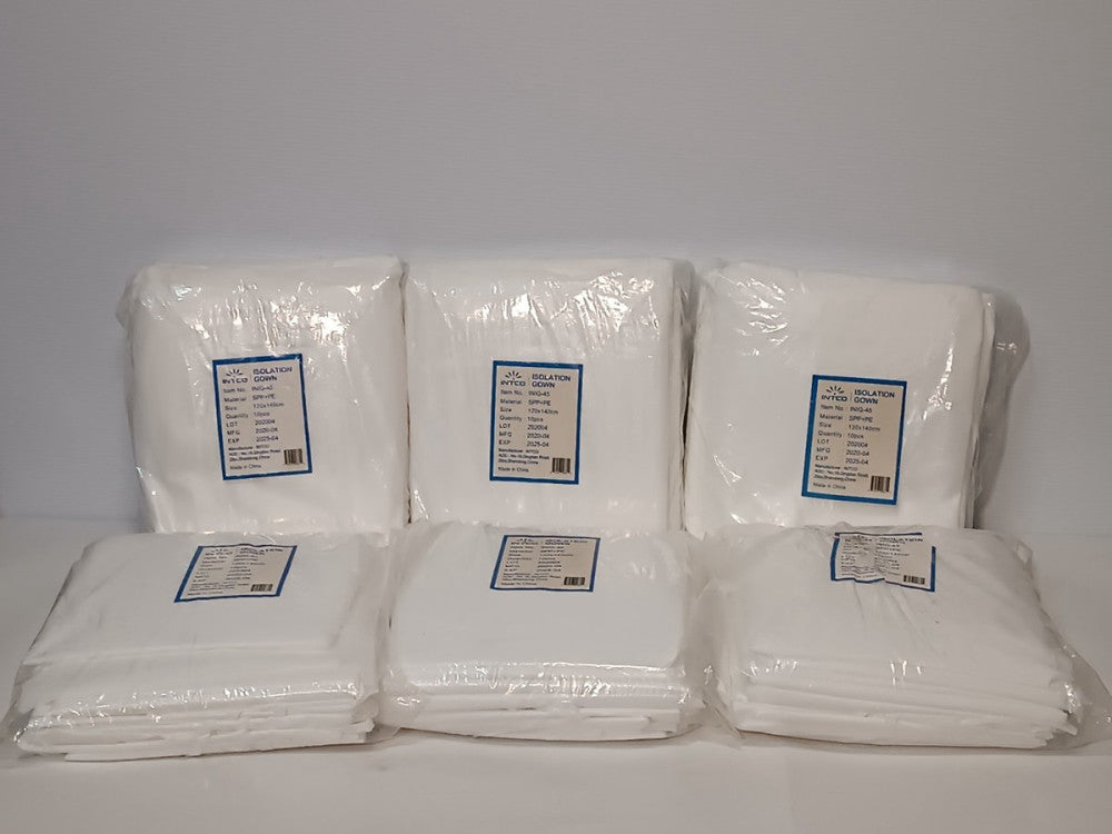 Lot of 60: Intco INIG-45 SPP + PE Isolation Gowns, Exp. 2025, 120x1400cm