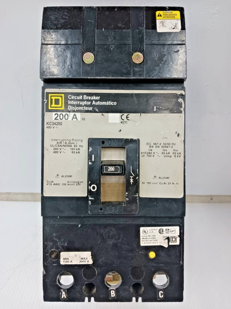 Square D 200 Amp I-Line Circuit Breaker 3 Pole 480 VAC 65kA KC34200