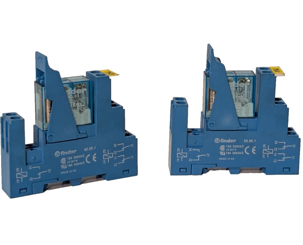 Lot of 2: Finder 95.95.1 relay sockets, 12A, 300VAC/ 10A, 300 VAC w/ 250V relays