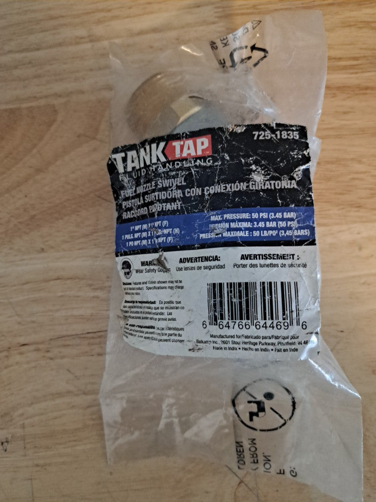 Tank tap 725-1835 1" FNPTx 1" MNPT fuel gas pump nozzle 360° swivel coupler