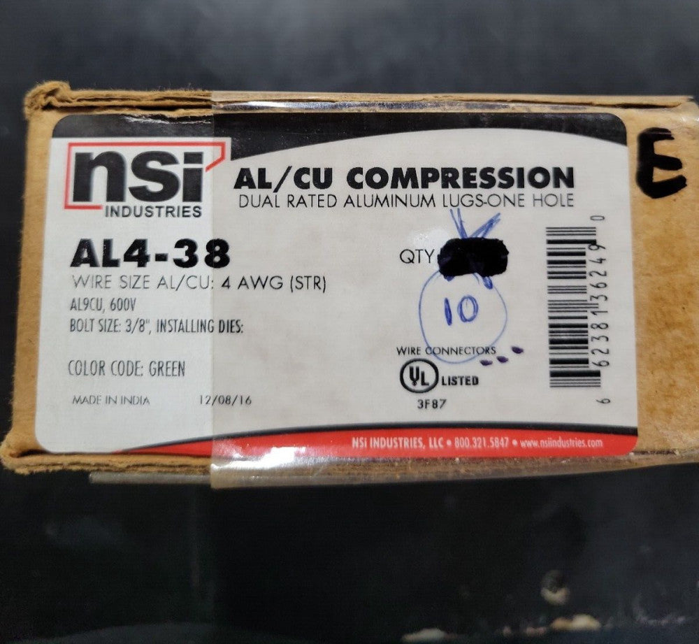 BOX OF 10- NSI AL4-38 AL/CU CMP Lug 4 AWG BOLT SIZE 3/8 NEW OLD STOCK, OPEN BOX