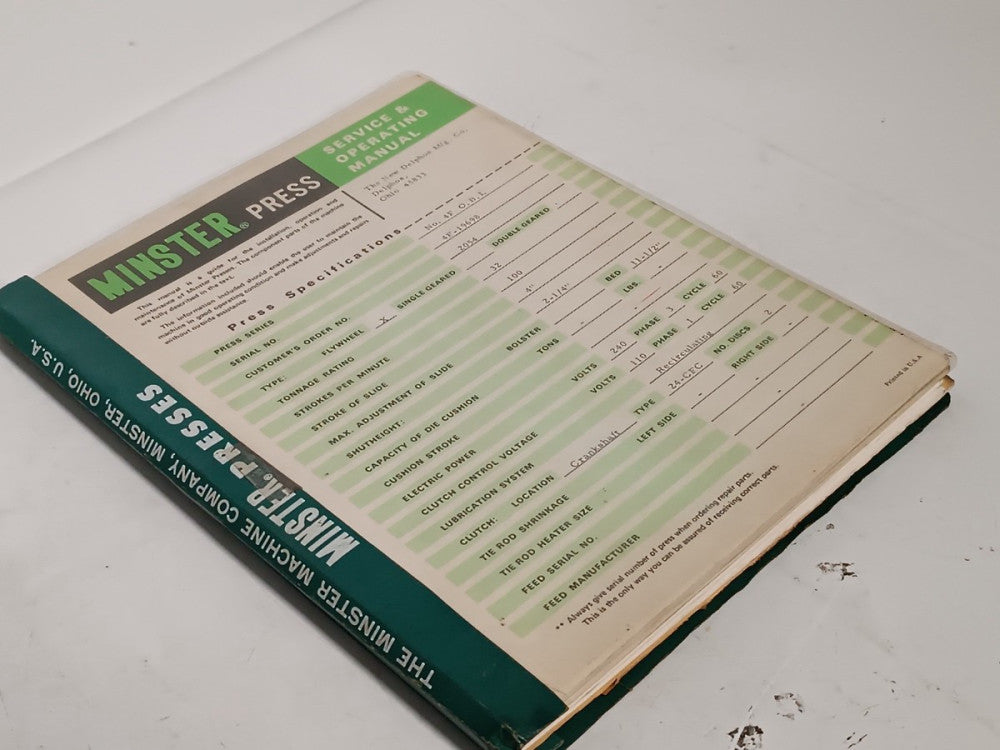 Minster 4F OBI (Open Back Inclinable) Service & Operator Manual, Ed. 166 & 155