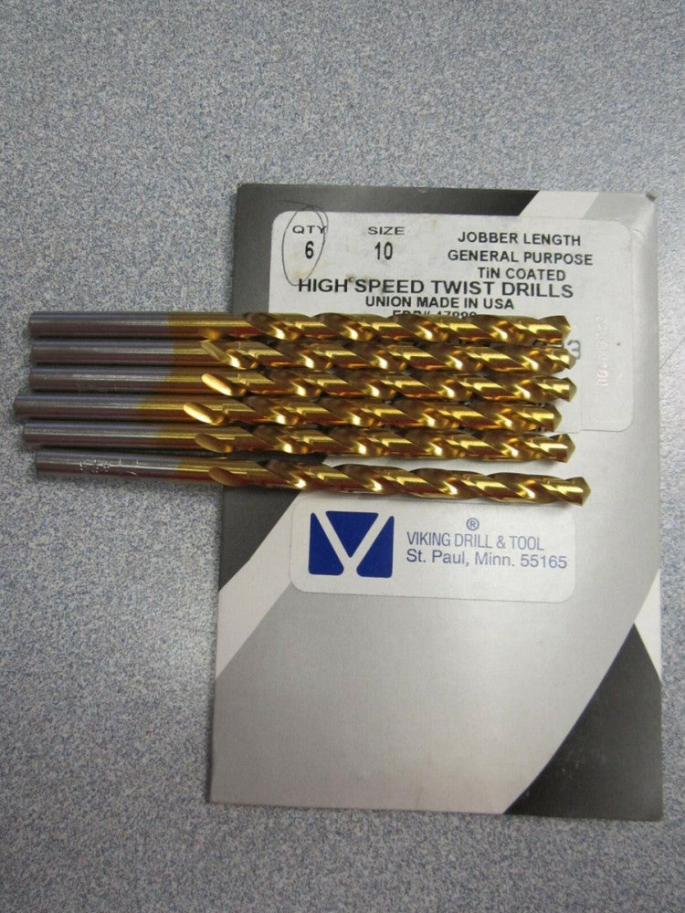 Lot of 6 Viking #10 (.1935") Jobber Length Drill Bits HSS TiN USA