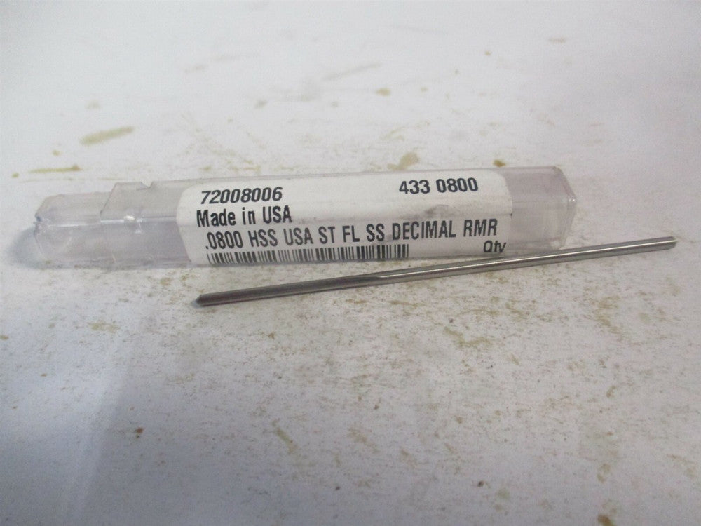 (433-0.0800) 0.08" x 3/4" x 3" OAL 4-Flute Straight Shank HSS Chucking Reamer 