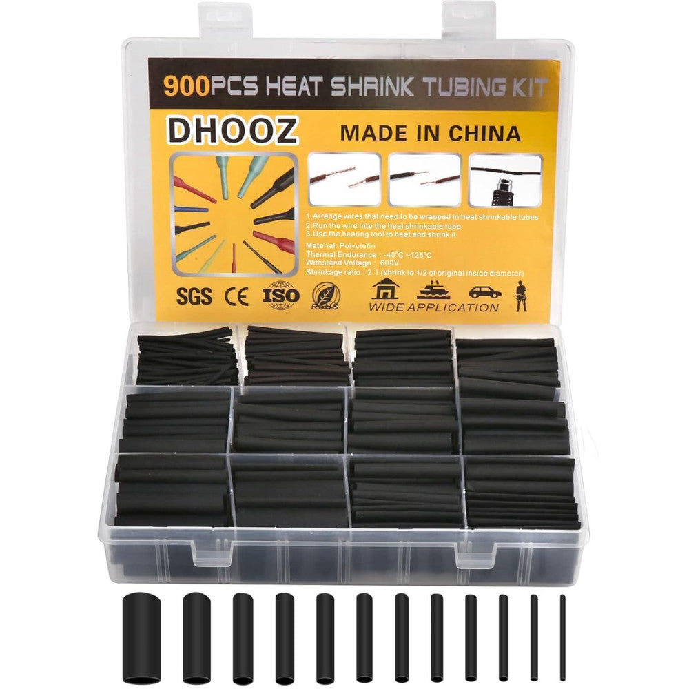 900Pcs Wire Heat Shrink Tubing Kit, Industrial Heat-Shrink Black 12 Sizes 