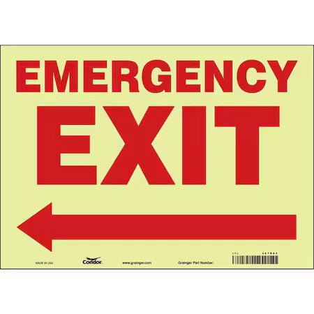 Condor 467R02 Exit Sign, Vinyl, 14" W, 10" H, Emergency Exit W/Symbol, White