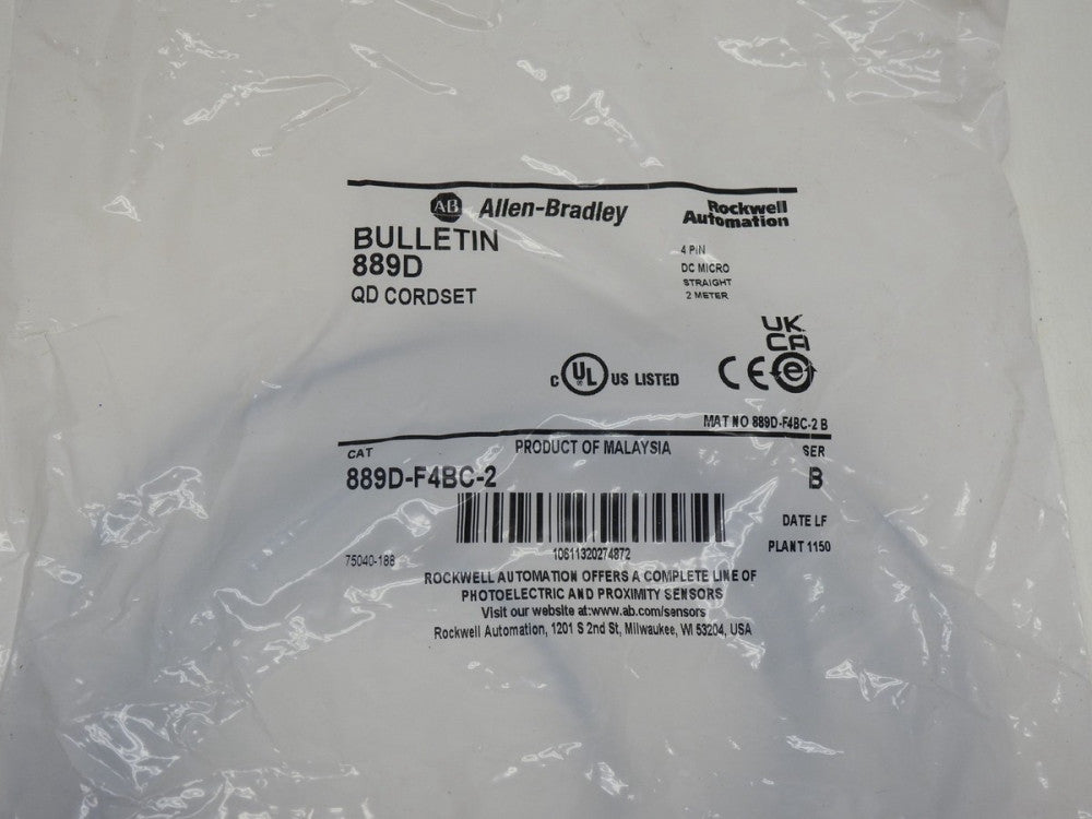 GENUINE Allen-Bradley 889D-F4BC-2 DC Micro Cable, Female, Straight (2 Meter)