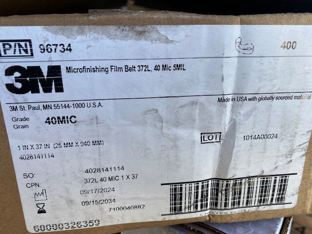 (400 PACK) 3M™ Microfinishing Film Belt 372L, 40 Mic, 1 in X 37 in