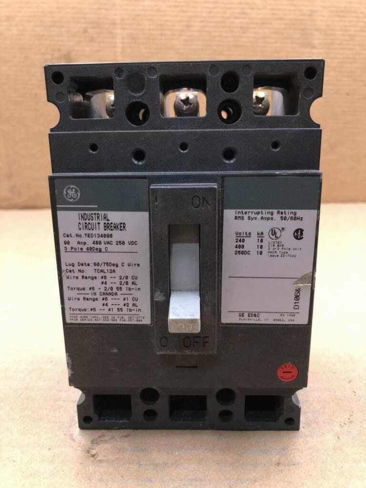 GE General Electric TED134090 90A 3 Pole Circuit Breaker 480VAC 250VDC