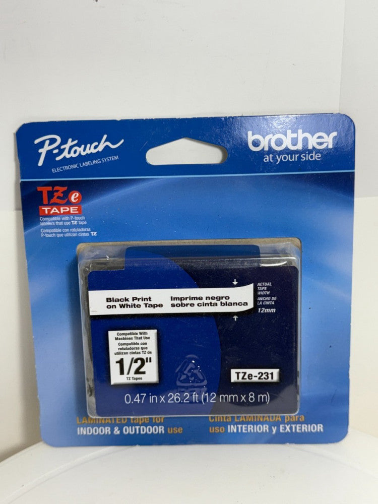 Brother P-Touch Labeler TZe Tape TZe-231 Black Print on White Tape 1/2" 12mm