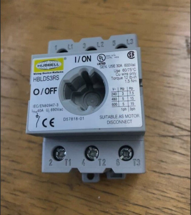HUBBELL replacement disconnect switch, 30 A, 600V, three-pole, with rear panel
