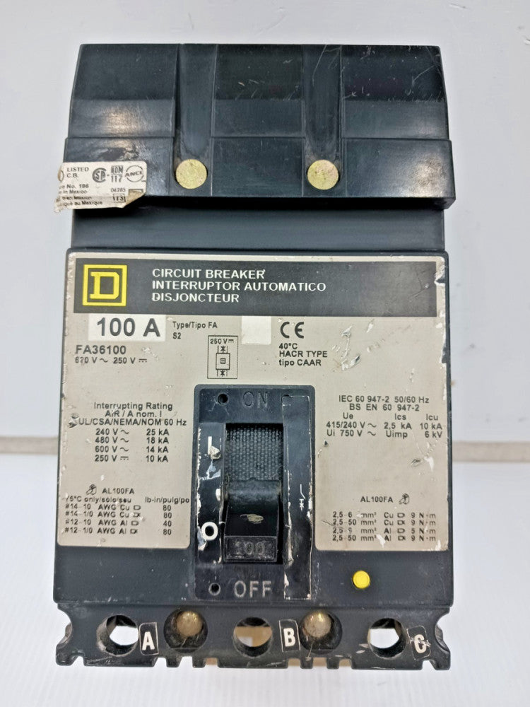 Square D 100 Amp I-Line Circuit Breaker 3 Pole 600 VAC 18kA FA36100 *Flaw*