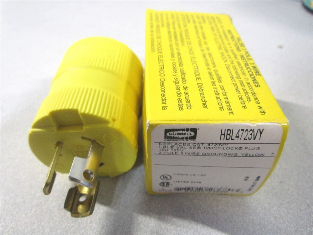 Hubbel (HBL4723VY) L5-15P, 125V, 2 Pole ellow Industrial Locking Inlet Plug