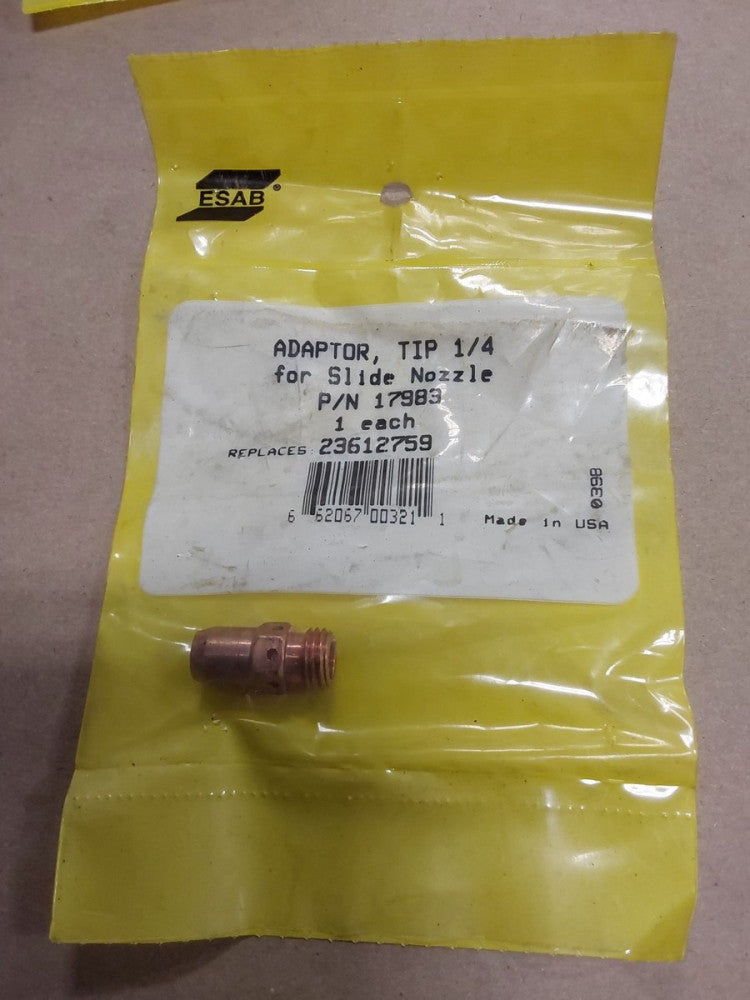 ESAB 17983 TIP ADAPTOR 1/4 FOR SLIDE NOZZLE, Replaces 23612759