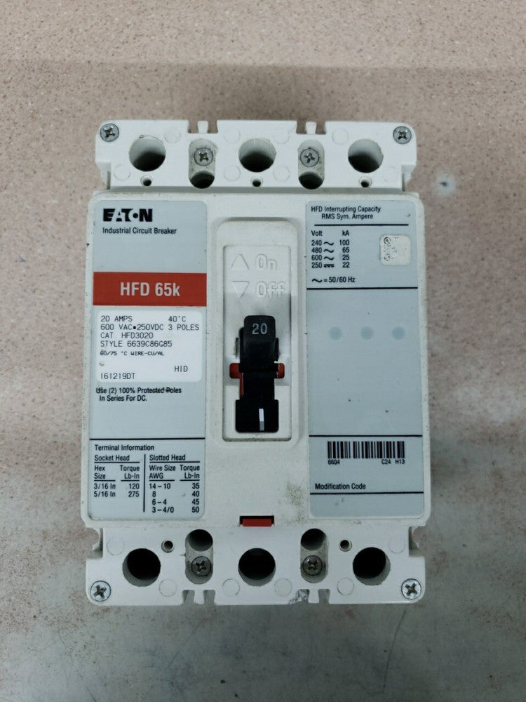EATON HFD3020 20A 600V 3P INDUSTRIAL CIRCUIT BREAKER New Take Out!