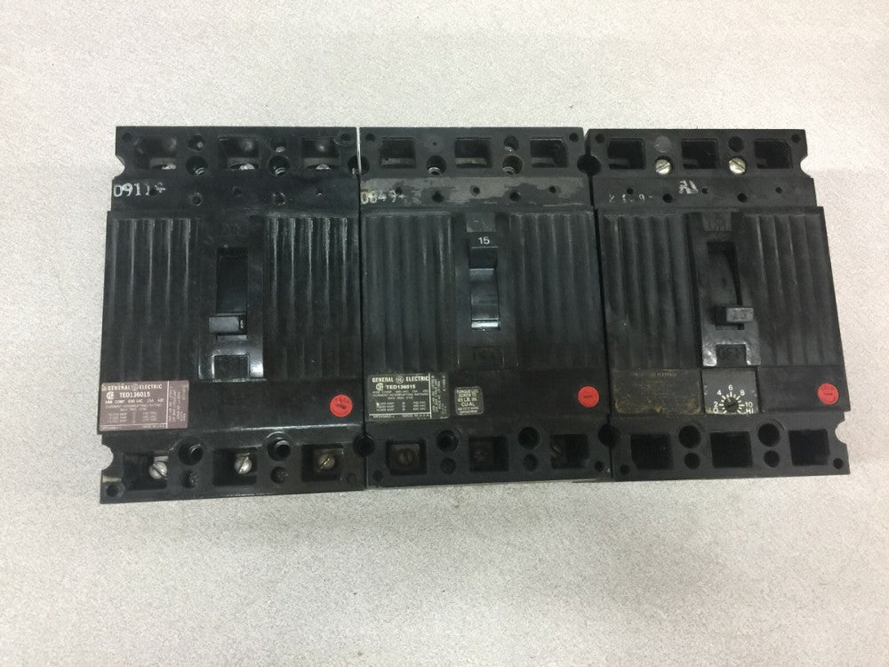 USED (LOT OF 3) GE 15AMP 3POLE 600VAC BREAKER TED136015