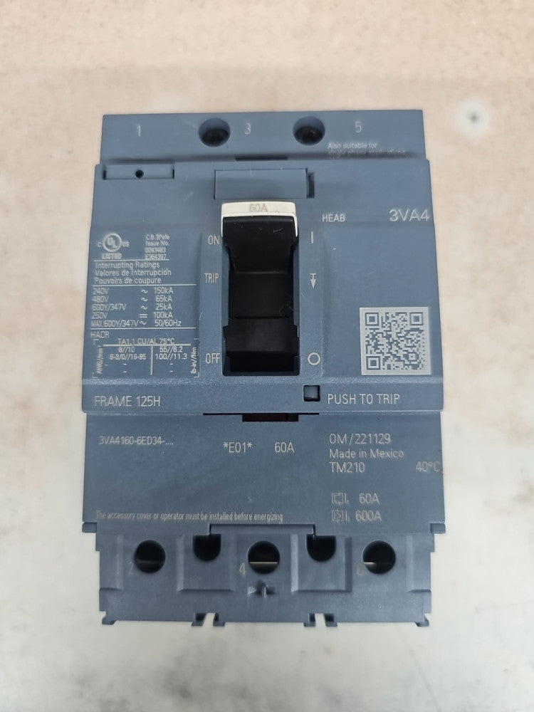 SIEMENS 3VA4160-6ED34-0AA0 Breaker 3VA41 3P 60A 65KA NTO