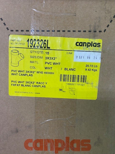 (15 PACK) Canplas 192326L Reducing Pipe Wye, 3 x 3 x 2 in, Hub, PVC, White