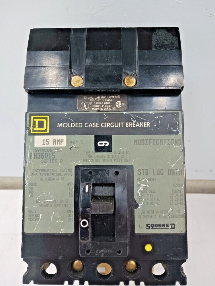 SQUARE D 15 AMP CIRCUIT BREAKER 3 POLE 600 VAC FH36015 #1