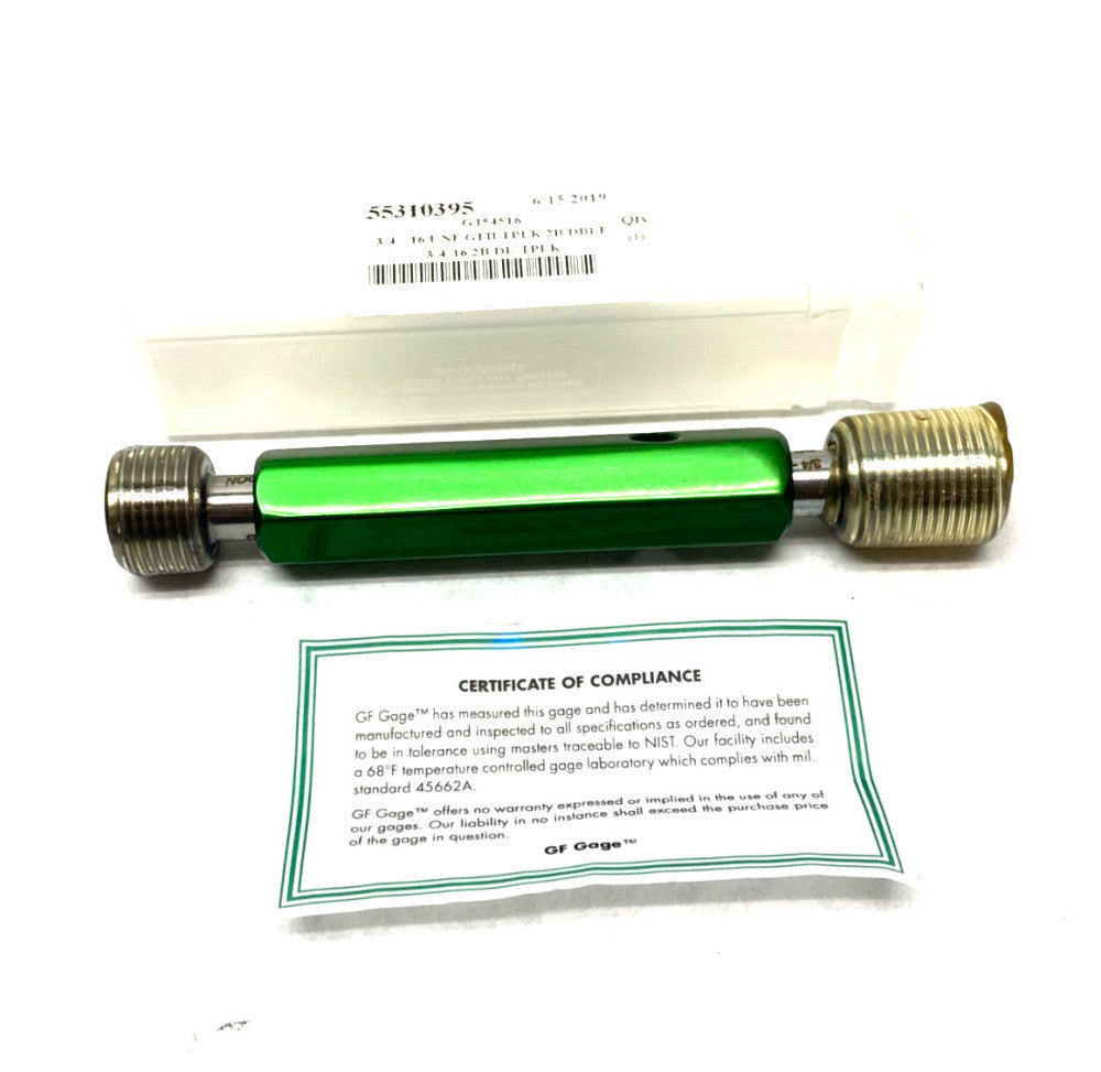 GF Gage W0750162BS Plug Thread Gage: 3/4-16 Thread, 2B Class, Double End G/NG