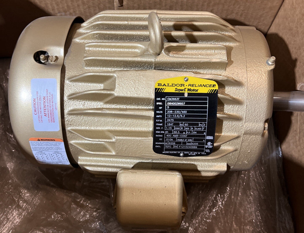 Baldor EM3663T 5HP 3475RPM 184T 208-230/460V 3PH TEFC Super-E Motor Nos Surplus