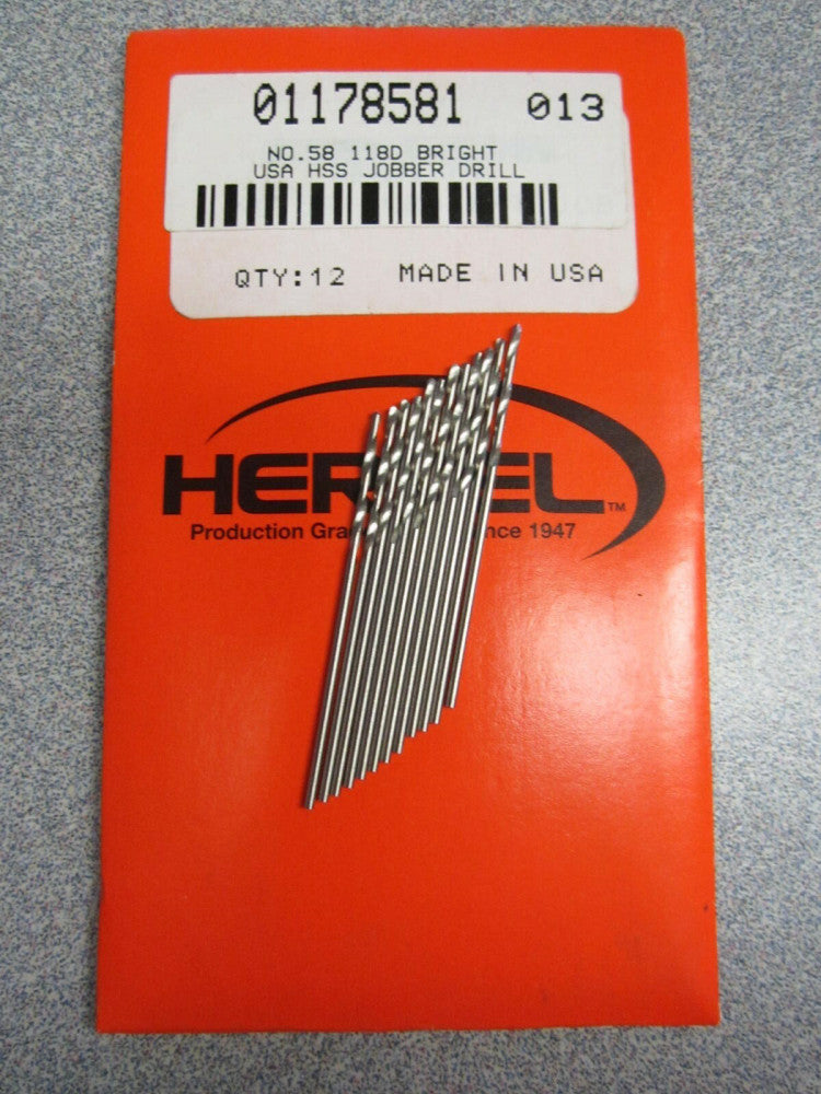 (12) #58 Jobber Length Drill Bits .0420" 118Deg Angle HSS Bright