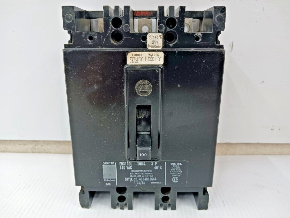 WESTINGHOUSE 100 AMP CIRCUIT BREAKER 3 POLE 240 VAC EB3100L