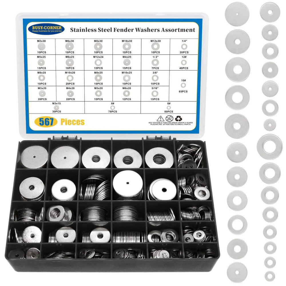 Fender Washers, 567PCS SAE& Metric 26 Sizes Flat Washers Assortment Set, 304 ...