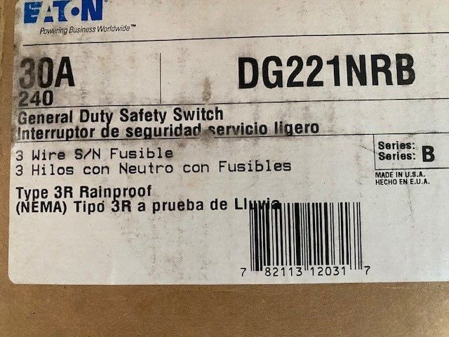 Eaton DG221NRB Outdoor General Duty Safety Switch 120v 240v 30 Amp Series 30a