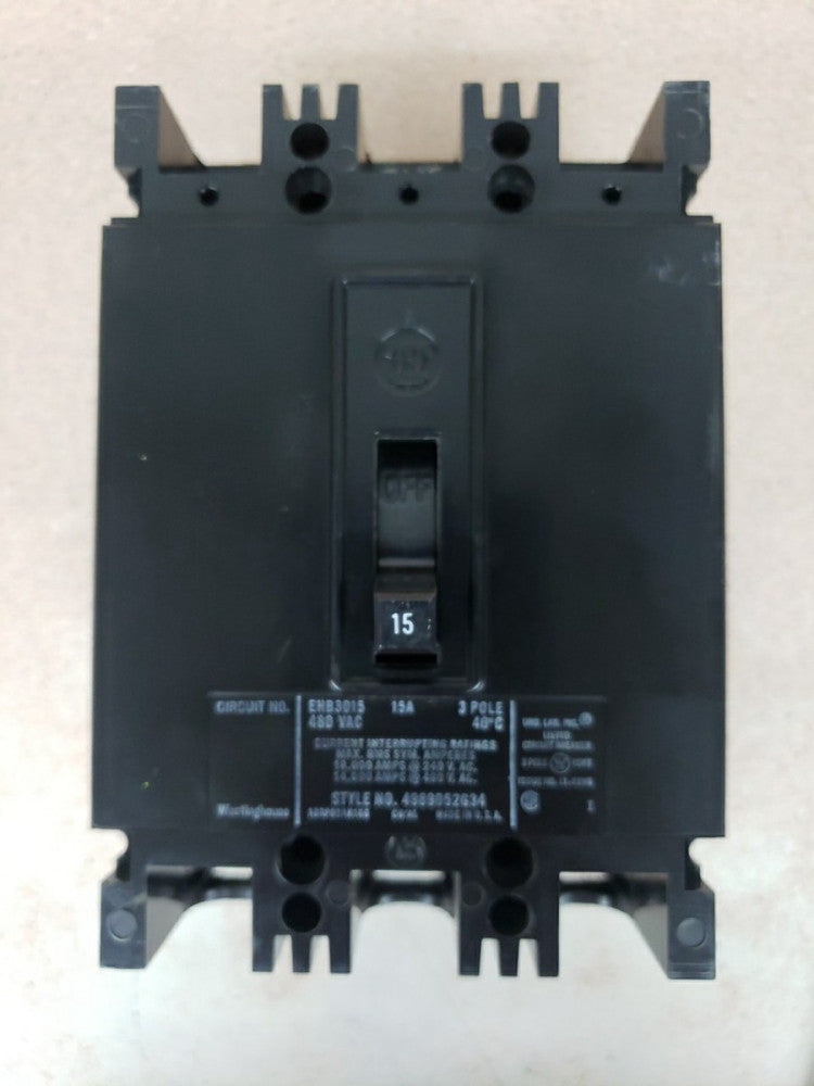 New Take Out! Westinghouse EHB3015 EHB Circuit Breaker 3 Pole 15 Amp 480V