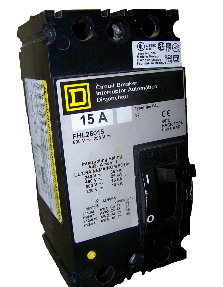 SQUARE D 15 AMP CIRCUIT BREAKER 600 VAC 2 POLE  FHL26015