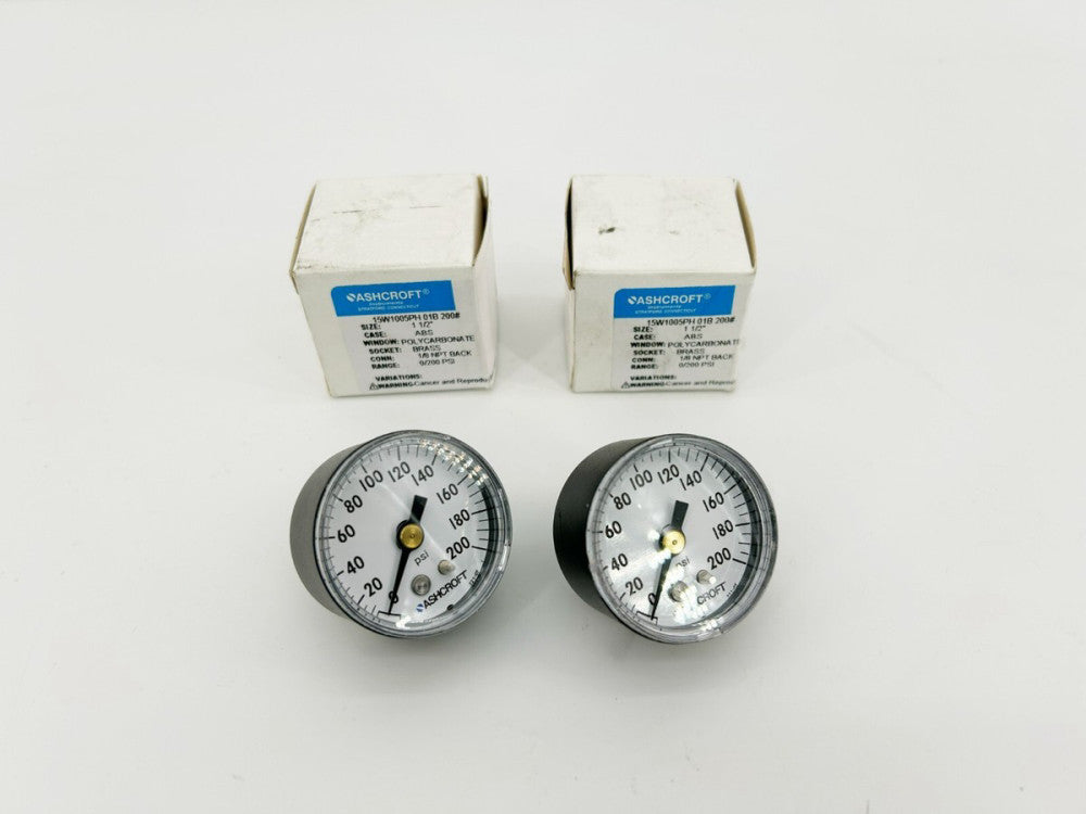 Lot of 2 New Ashcroft 15W1005PH 01B 200# Pressure Gauges, 0/200psi, 1/8" NPT