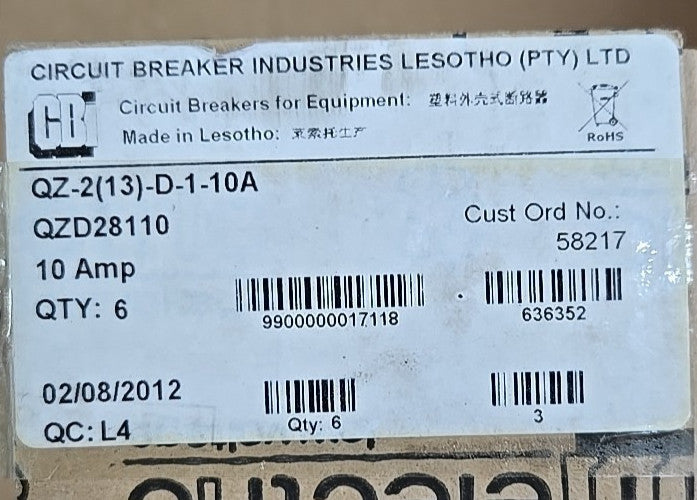 CBI Box of 6 QZD28110 10 Amp 2 Pole Circuit Breaker