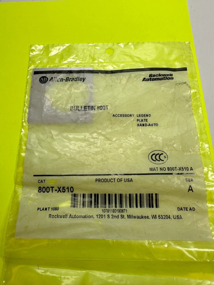 Allen-Bradley 800T-X510 Accessory Legend Plate Hand-Auto Aluminum - New
