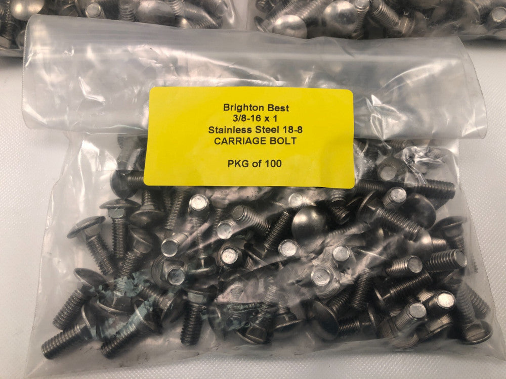 3/8-16 x 1" Carriage Bolts Brighton Best Stainless Steel 18-8 Round Head Qty 100