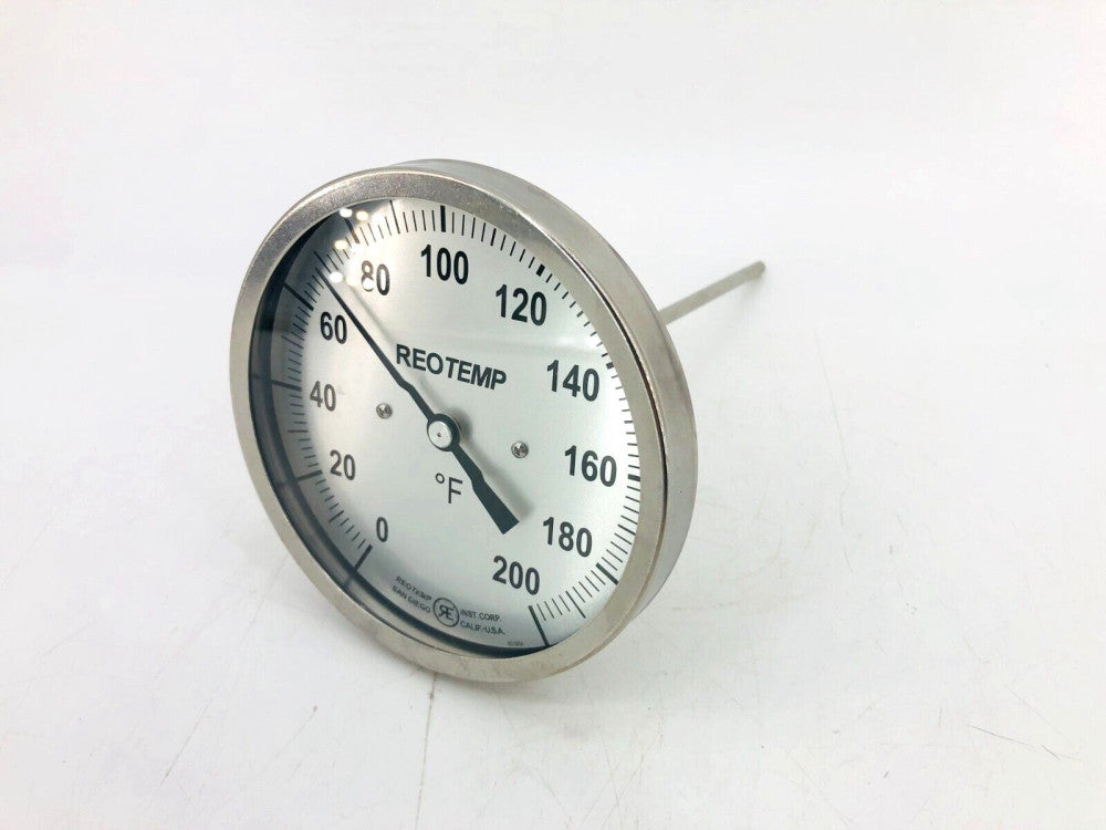 New REOTEMP JJ0901F43 THERMOMETER  0-200F 9in Stem 1/2" NPT 5IN WHITE DIAL