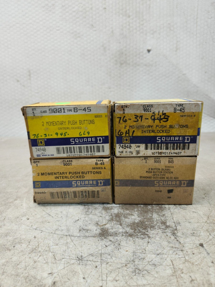 NEW IN BOX LOT OF 4 SQUARE D 2 MOMENTARY PUSH BUTTONS INTERLOCKED TYPE B-45