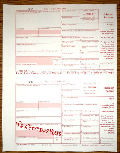 2025 IRS Tax Form 1099-INT single sheet set for 2 recipients NON-carbonless 4-pt